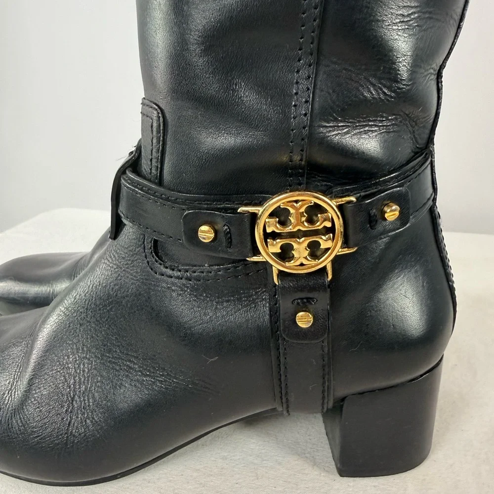 Vintage Y2K Tory Burch Leather Gold Logo Knee‎ High Heeled Boots in Black Size 7
